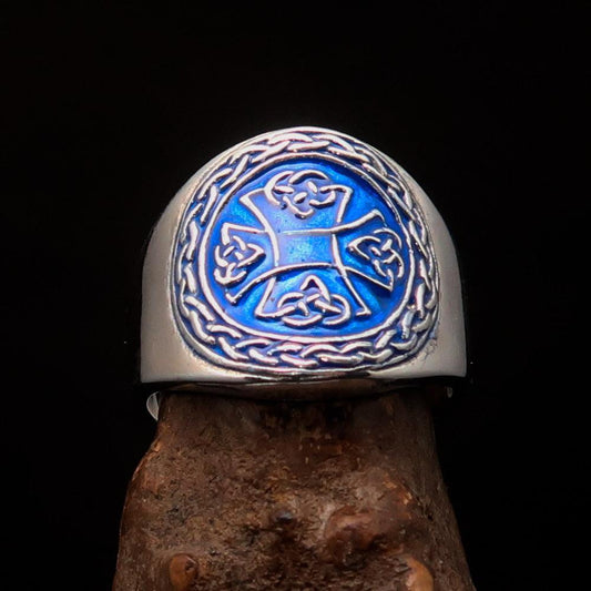 Anillo Masculino Cruz Celta de Santa Brígida Azul Antiguo en Plata de Ley 925