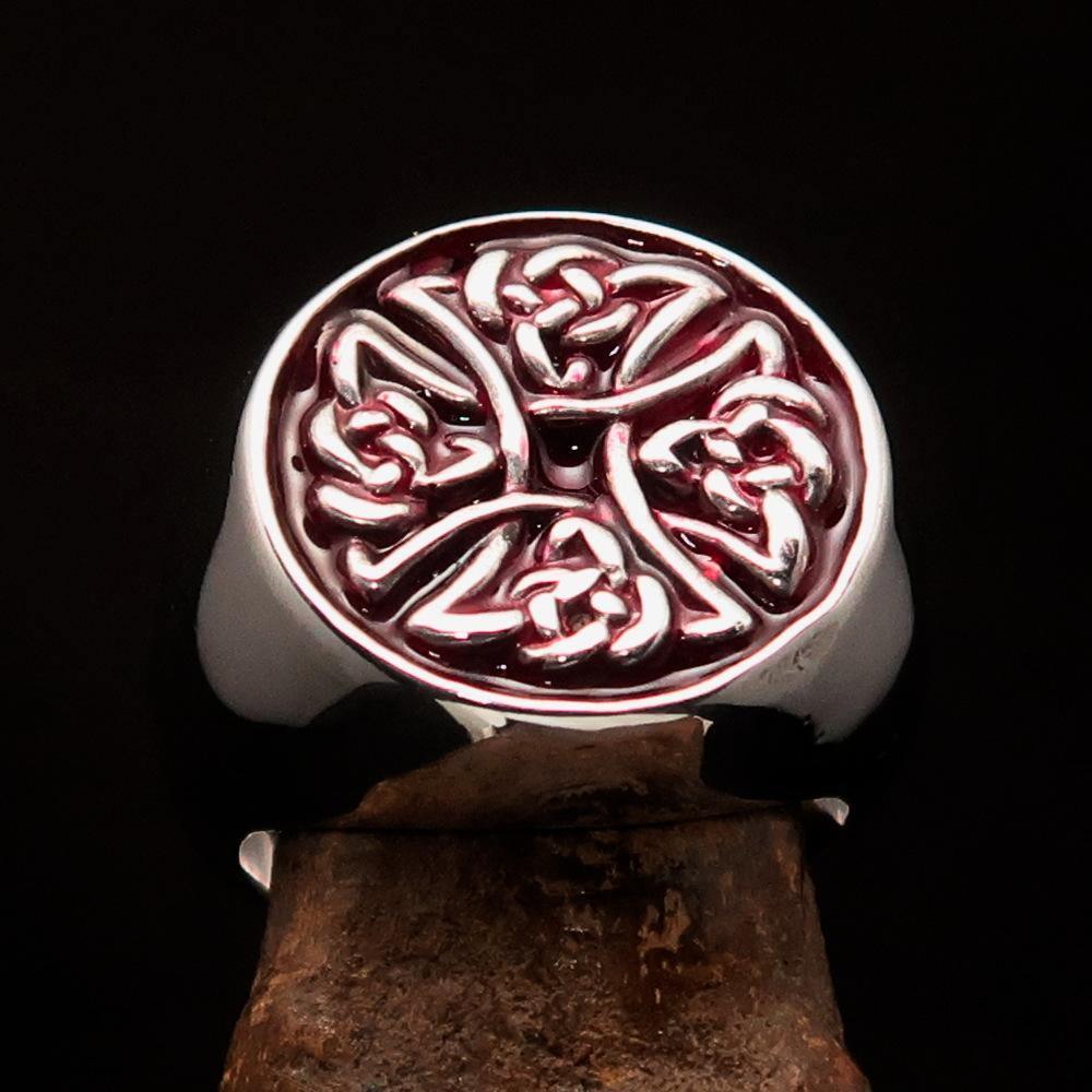 Anillo Celta Cruz de Brígida Roja para Hombre – Plata Esterlina 925