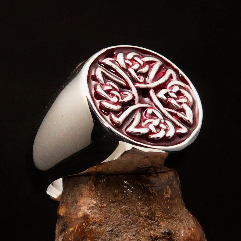 Anillo Celta Cruz de Brígida Roja para Hombre – Plata Esterlina 925