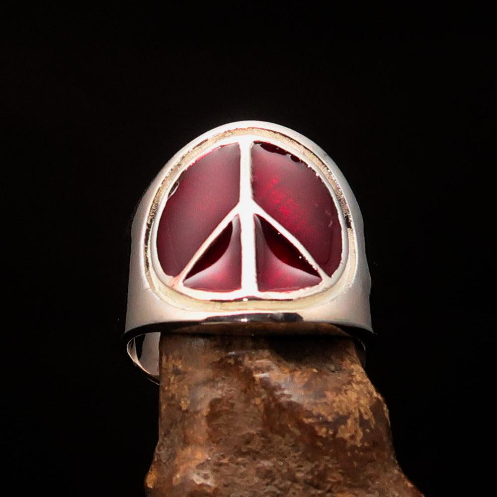 Anillo Redondo con Símbolo de la Paz Rojo para Hombre – Plata Esterlina 925