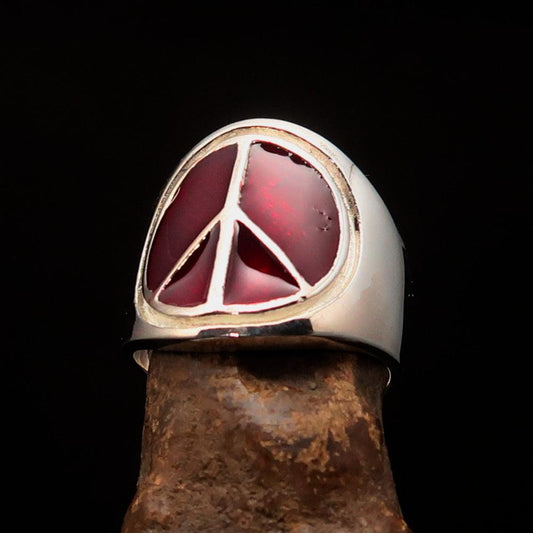 Anillo Redondo con Símbolo de la Paz Rojo para Hombre – Plata Esterlina 925